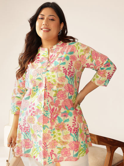 Plus Size Cream Pure Cotton Floral Printed A-line Tunic