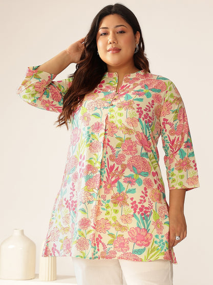 Plus Size Cream Pure Cotton Floral Printed A-line Tunic