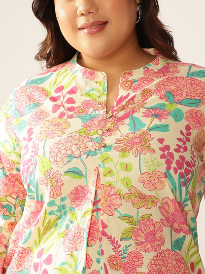 Plus Size Cream Pure Cotton Floral Printed A-line Tunic
