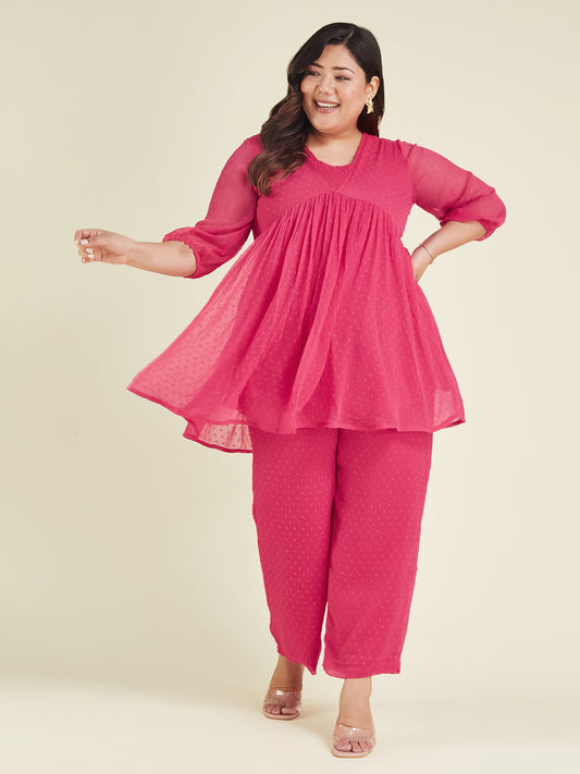 Janasya Women's Plus Size Pink Dobby Chiffon Self Design A-line Co-ord Set