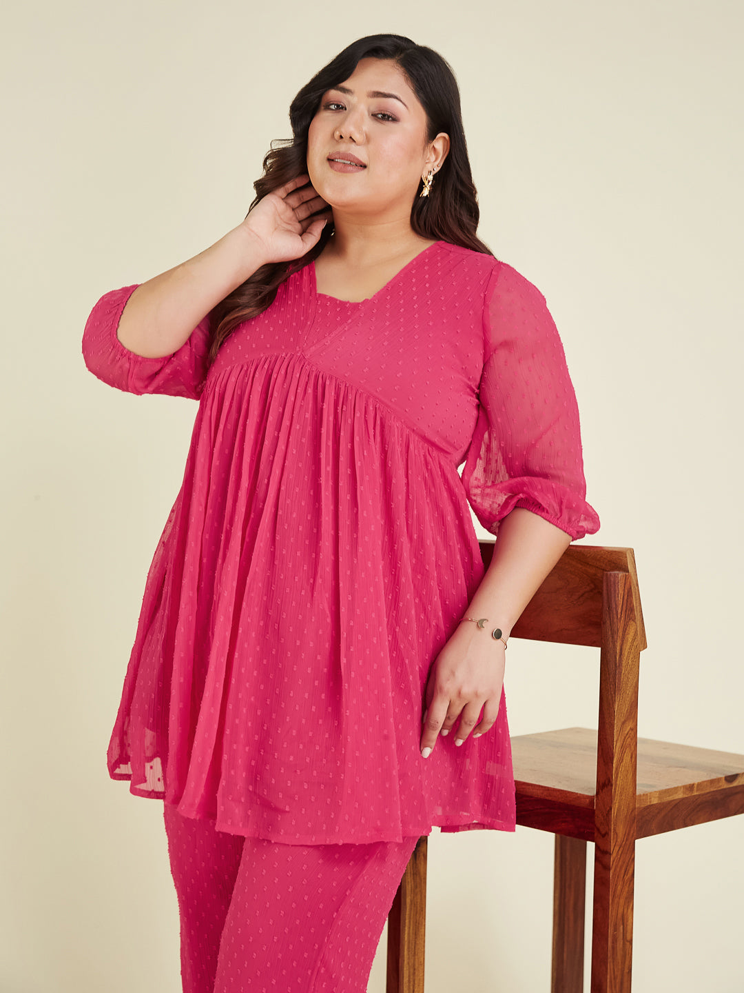 Janasya Women's Plus Size Pink Dobby Chiffon Self Design A-line Co-ord Set