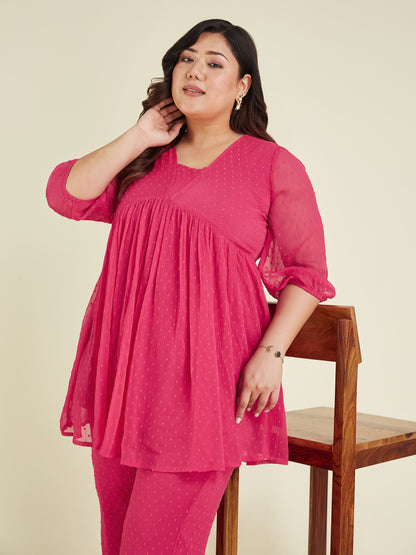 Janasya Women's Plus Size Pink Dobby Chiffon Self Design A-line Co-ord Set