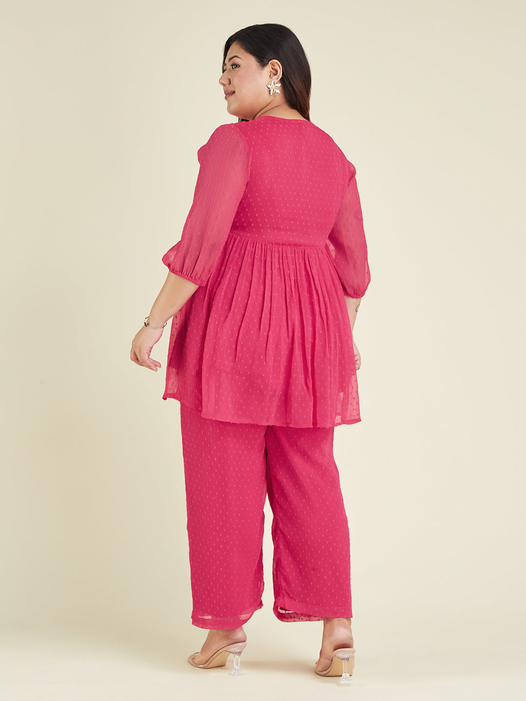 Janasya Women's Plus Size Pink Dobby Chiffon Self Design A-line Co-ord Set