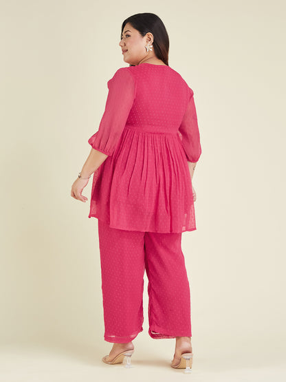 Janasya Women's Plus Size Pink Dobby Chiffon Self Design A-line Co-ord Set