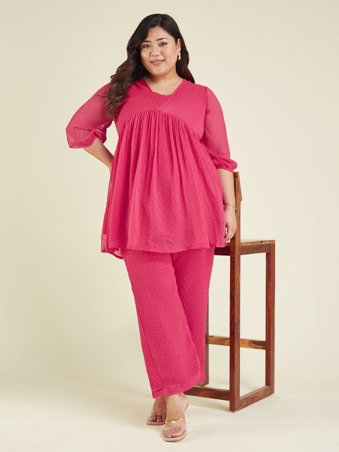Janasya Women's Plus Size Pink Dobby Chiffon Self Design A-line Co-ord Set