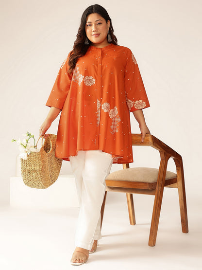 Plus Size Orange Pure Cotton Floral Printed A-line Tunic