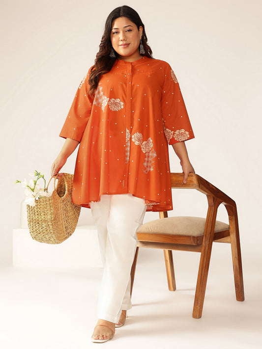 Plus Size Orange Pure Cotton Floral Printed A-line Tunic
