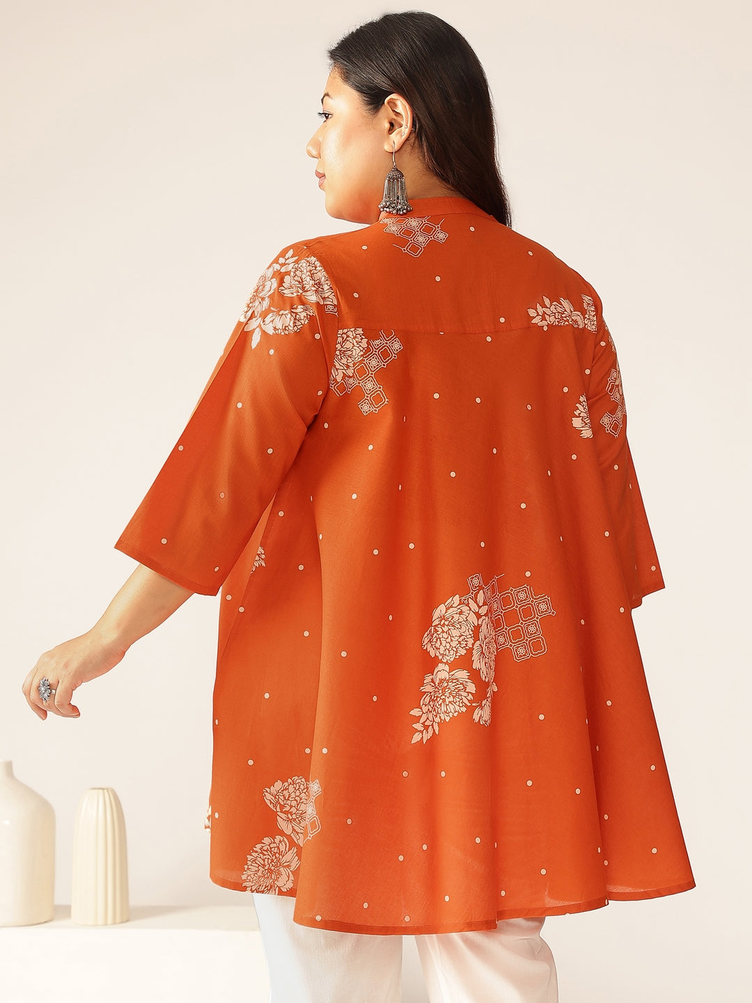 Plus Size Orange Pure Cotton Floral Printed A-line Tunic