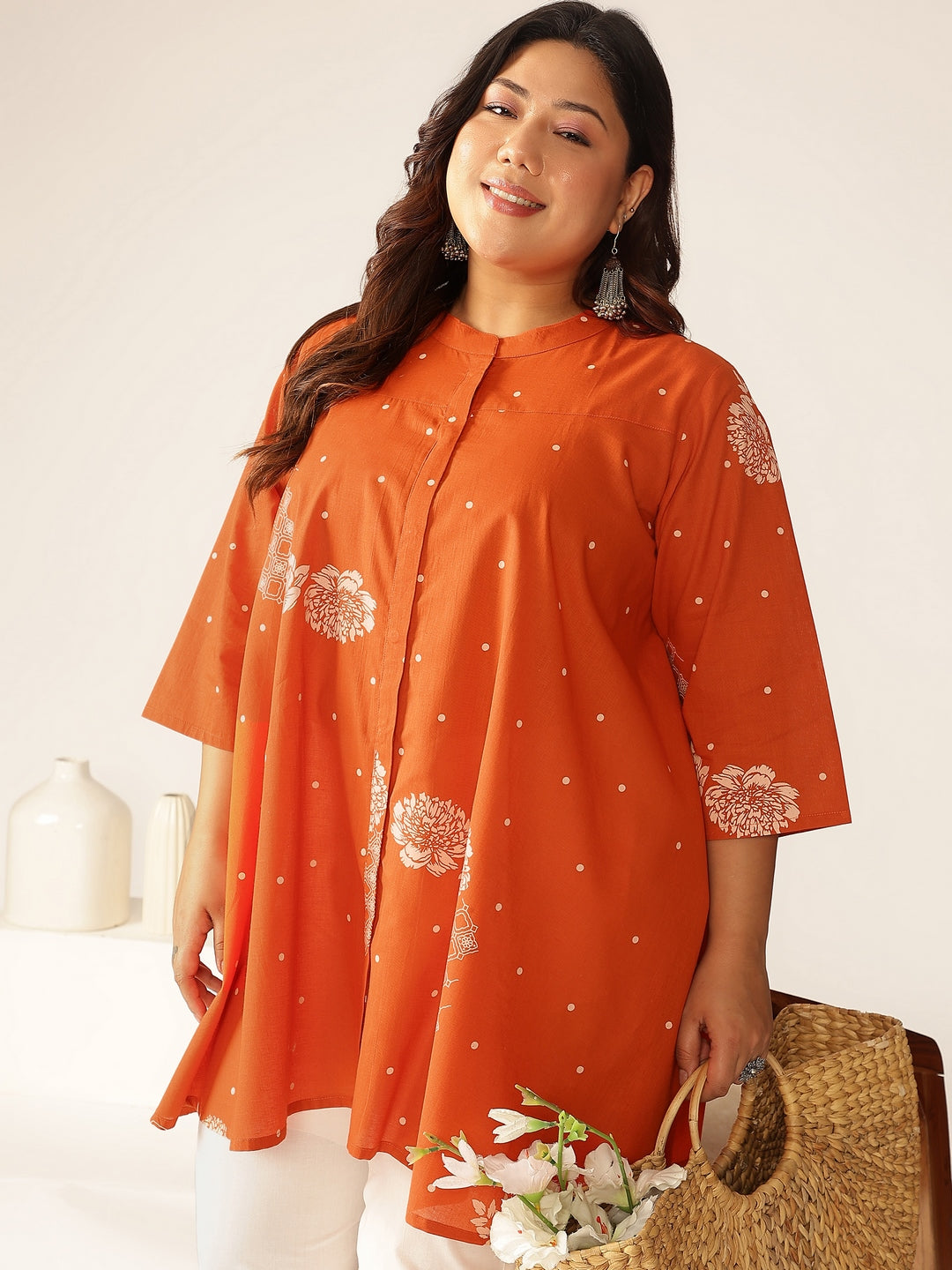 Plus Size Orange Pure Cotton Floral Printed A-line Tunic