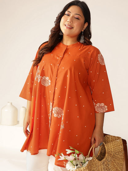 Plus Size Orange Pure Cotton Floral Printed A-line Tunic