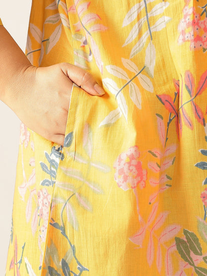 Plus Size Yellow Pure Cotton Tropical Printed A-line Tunic