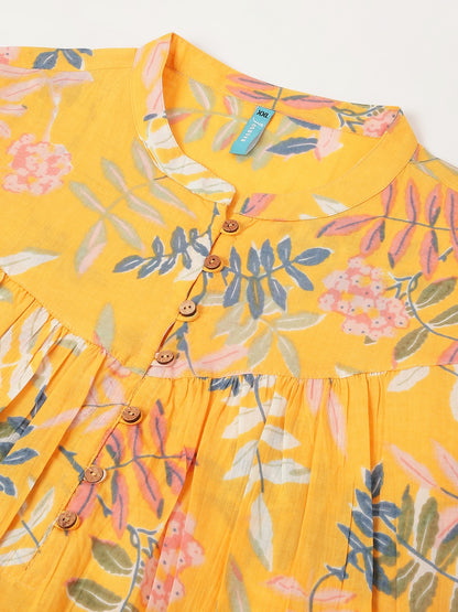 Plus Size Yellow Pure Cotton Tropical Printed A-line Tunic
