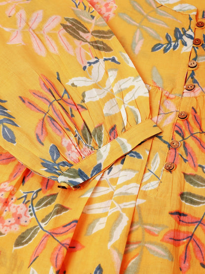 Plus Size Yellow Pure Cotton Tropical Printed A-line Tunic