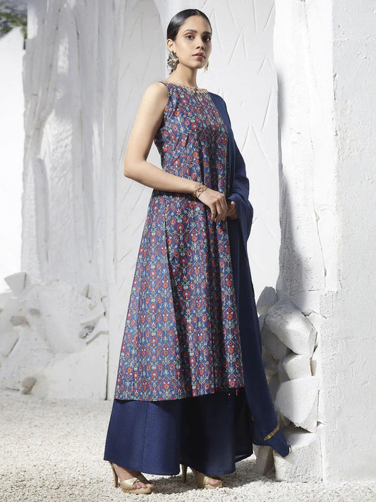 Blue Poly Muslin Embroidered Kurta with Palazzo and Dupatta Janasya Gold