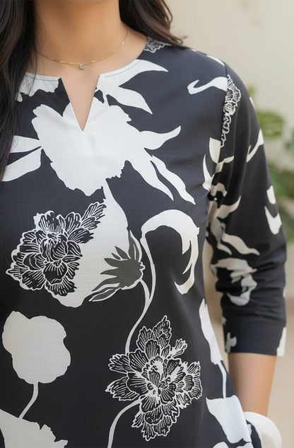 Janasya Women's Black Cotton Floral Printed A-line Top
