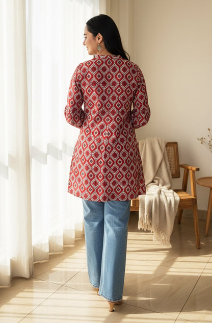 Janasya Women's Red Pure Cotton Ethnic Motifs Printed Straight Tunic