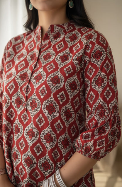 Janasya Women's Red Pure Cotton Ethnic Motifs Printed Straight Tunic