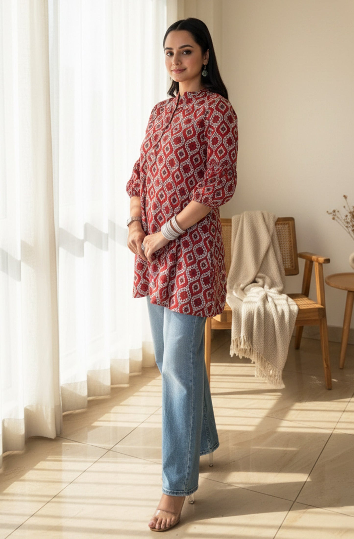 Janasya Women's Red Pure Cotton Ethnic Motifs Printed Straight Tunic