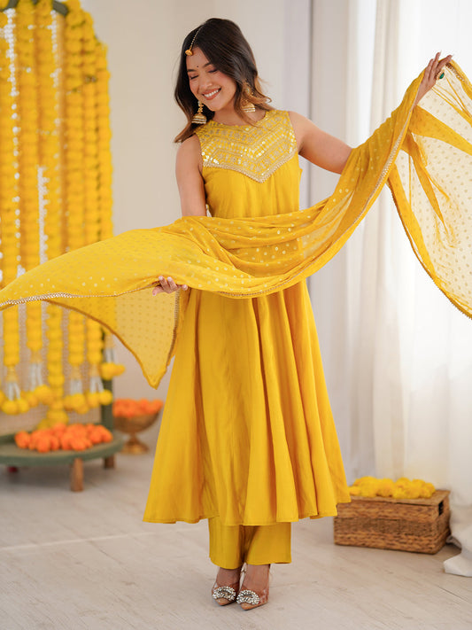 Janasya Women Yellow Chanderi Silk Embellished Anarkali Kurta Set With Dupatta