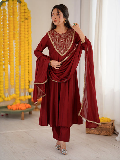 Janasya Women's Maroon Chanderi Silk Embroidered Anarkali Kurta Set