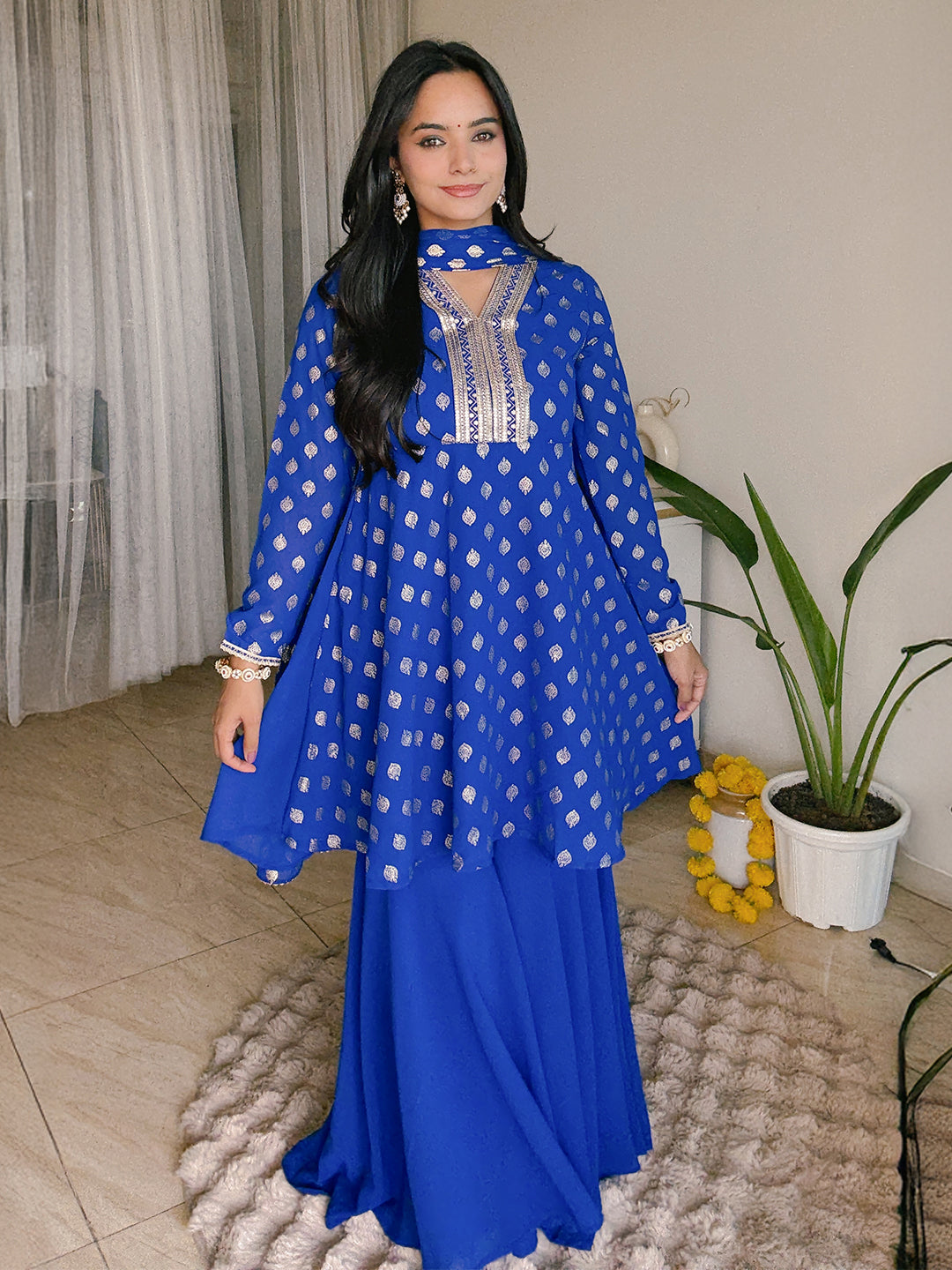 Janasya Women's Royal Blue Georgette Embellished Gold Printed A-line Kurta With Sharara & Dupatta Set