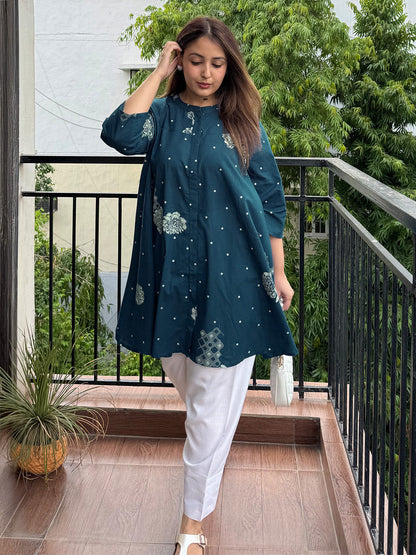 Teal Blue Pure Cotton Floral Printed Flared Tunic