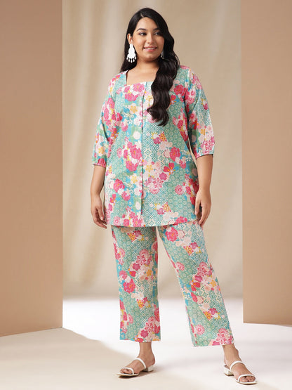 Plus Size Multicolor Cotton Ethnic Motifs A-Line Co-ord Set