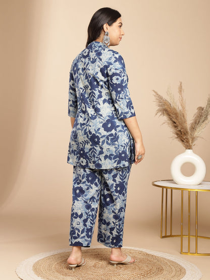 Plus Size Indigo Cotton Floral A-Line Co-ord Set