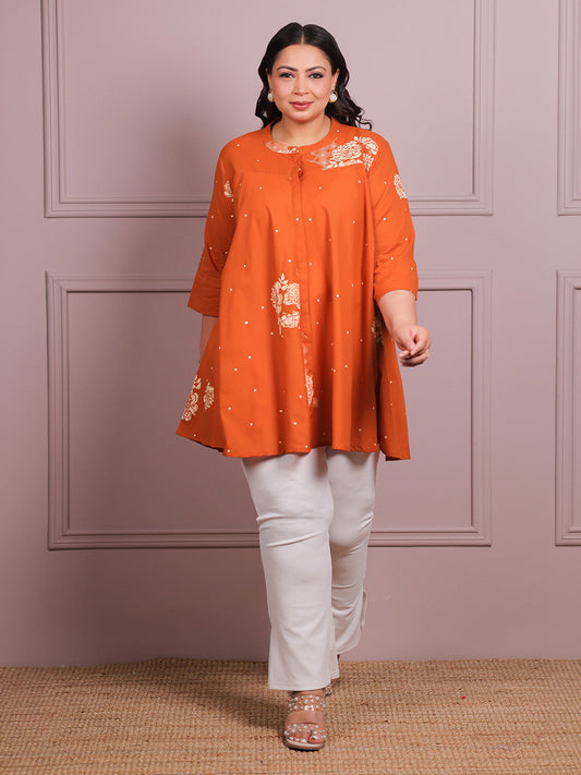 Plus Size Orange Pure Cotton Floral Printed A-line Tunic